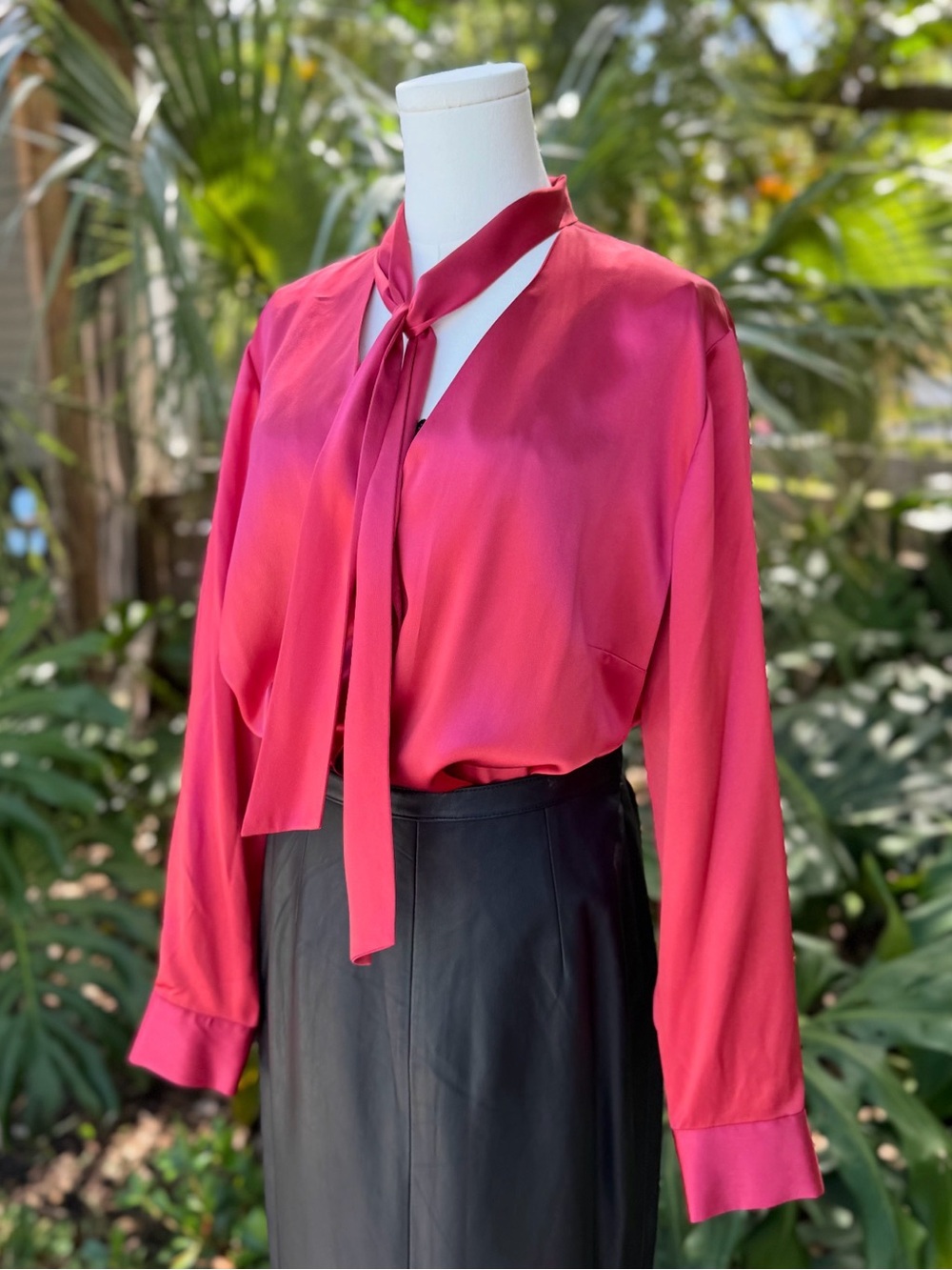 Vintage INC International Concepts Fuchsia Tie-Neck Silk Blouse